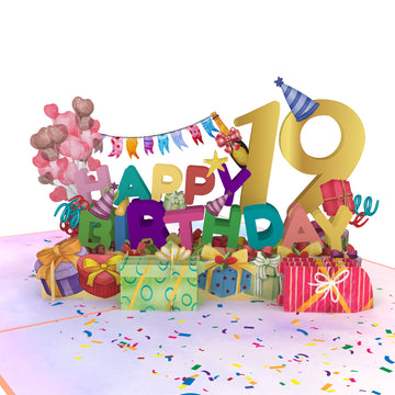 19th Happy Birthday With Presents And Balloons Pop-Up Card